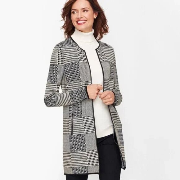 Talbots Houndstooth Plaid Open Front Long Cardigan Sweater MP Black White - Picture 1 of 9